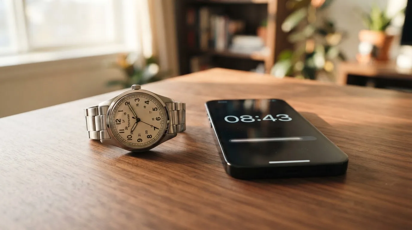 Zegarek leżący obok telefonu z prostym licznikiem czasu spędzonego w grze na ekranie.